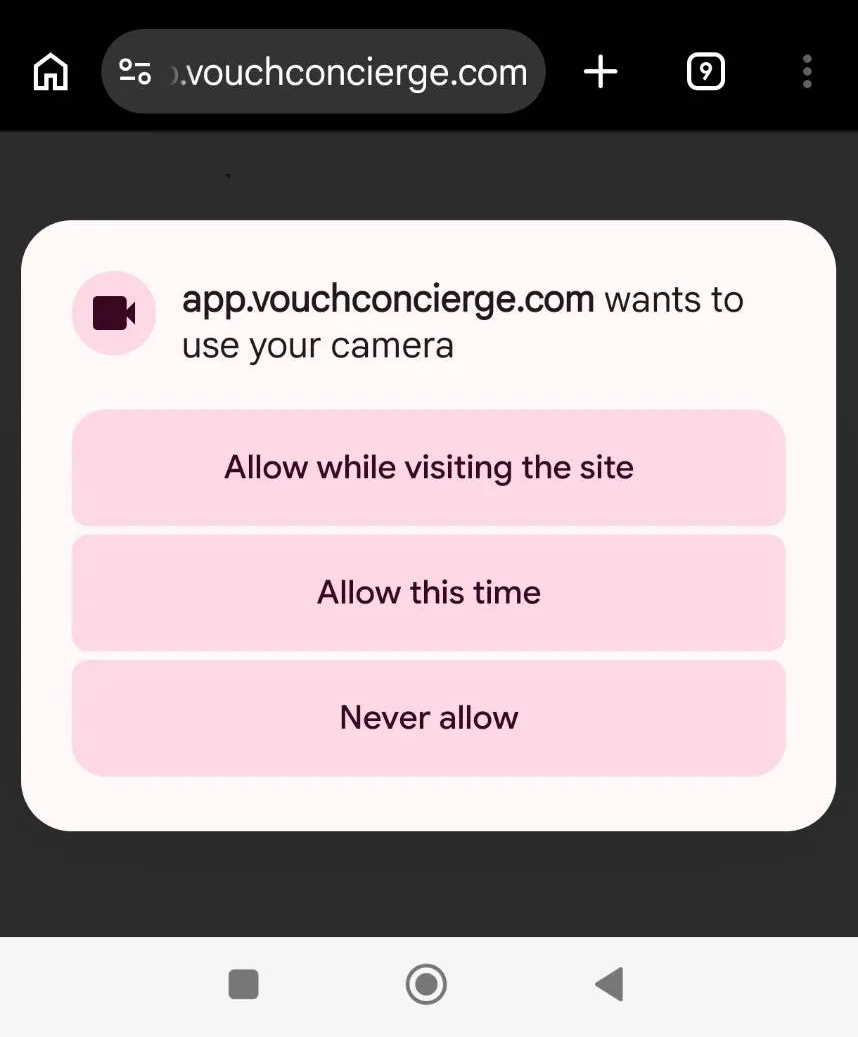 Browser camera permission prompt with Allow while visiting the site.