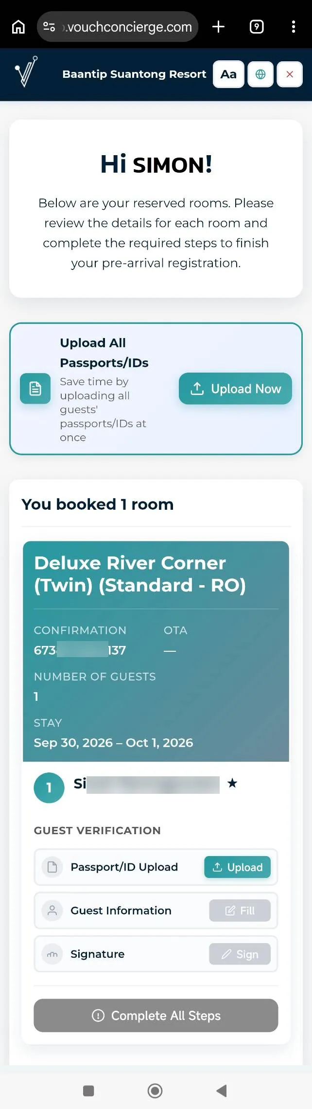 Pre-arrival guest verification with document upload, guest information and signature steps.