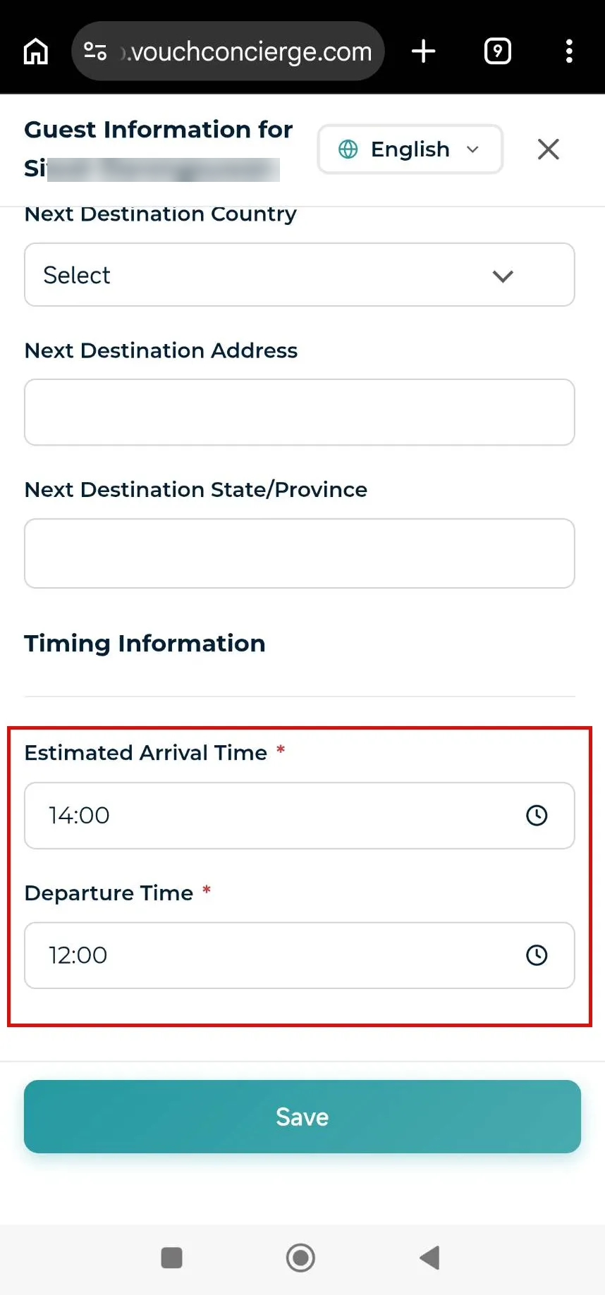 Guest information form with red asterisks on required fields and a Save button.