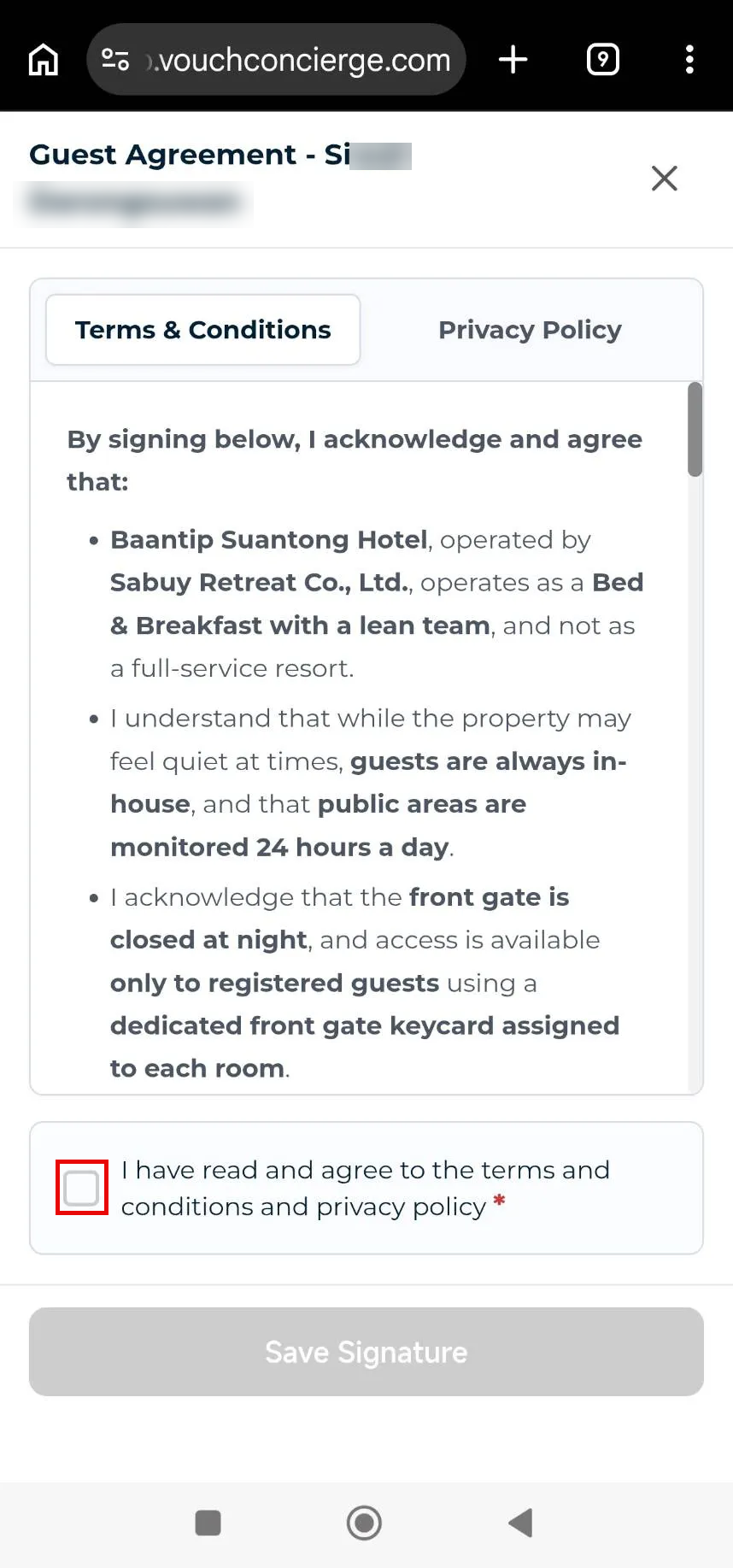 Guest agreement with Terms & Conditions, Privacy Policy and an acknowledgement box.