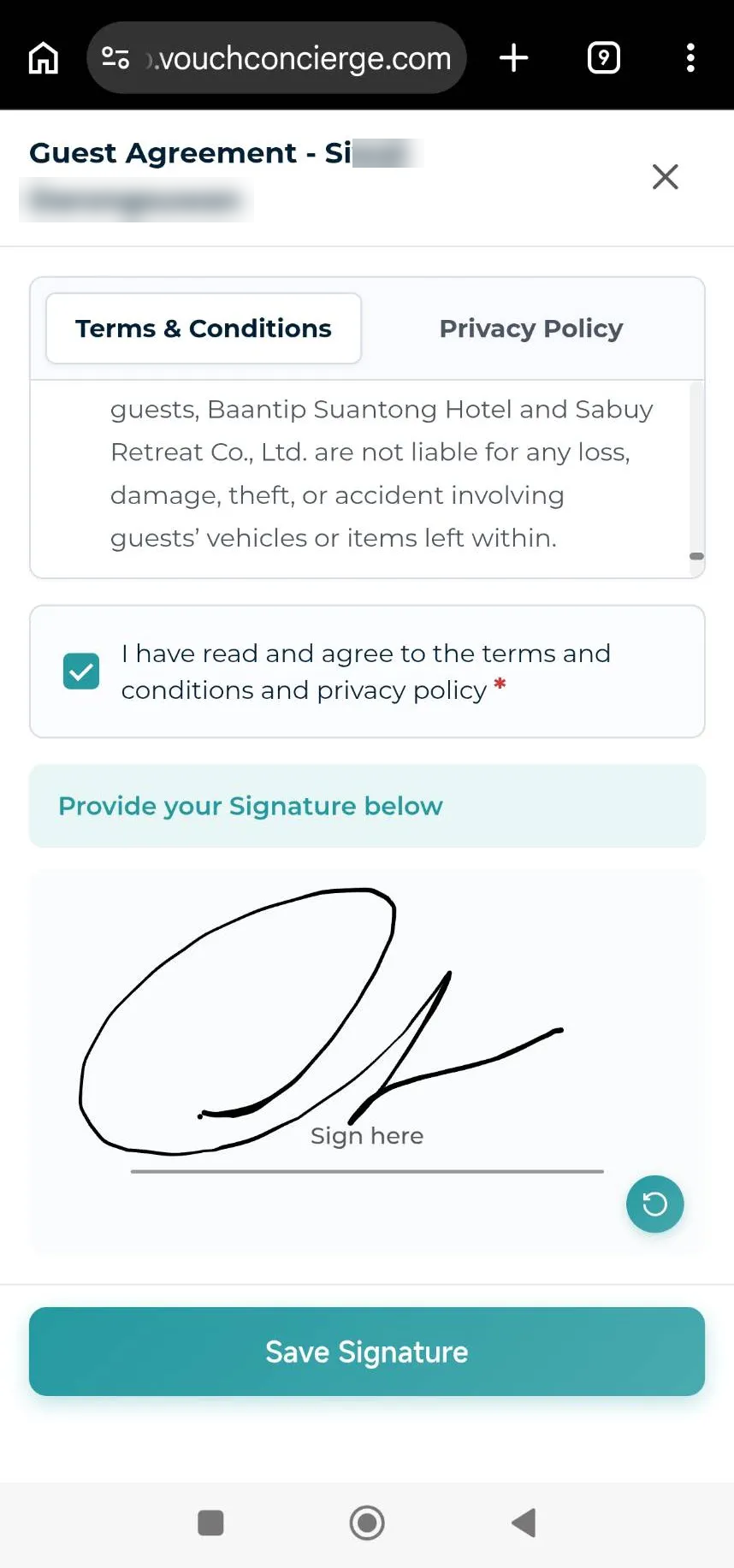 Acknowledged guest agreement with a signature area and Save Signature button.