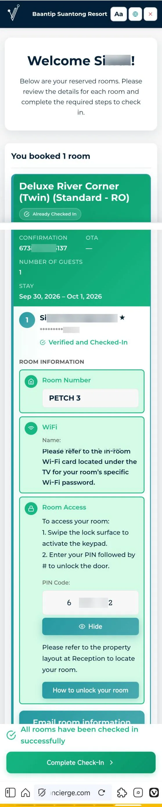 Successful check-in screen with room number and door PIN fields.