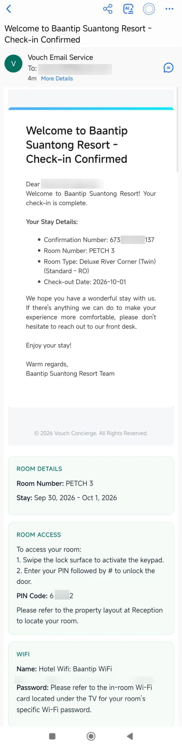 Check-in confirmation email with room details and a room access section.